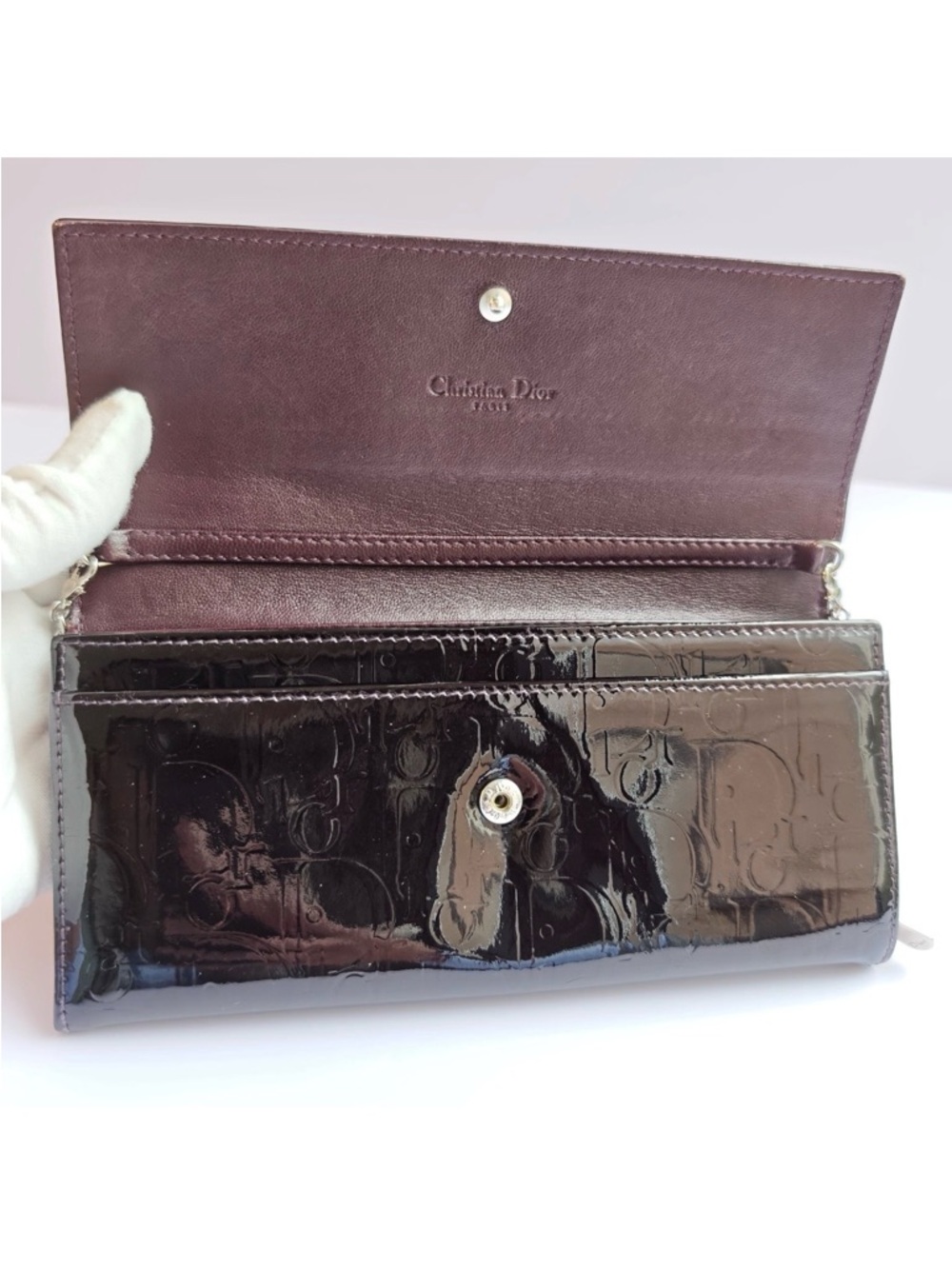 Dior Burgundy Oblique Patent Leather Wallet On Chain - Picture 4 of 15